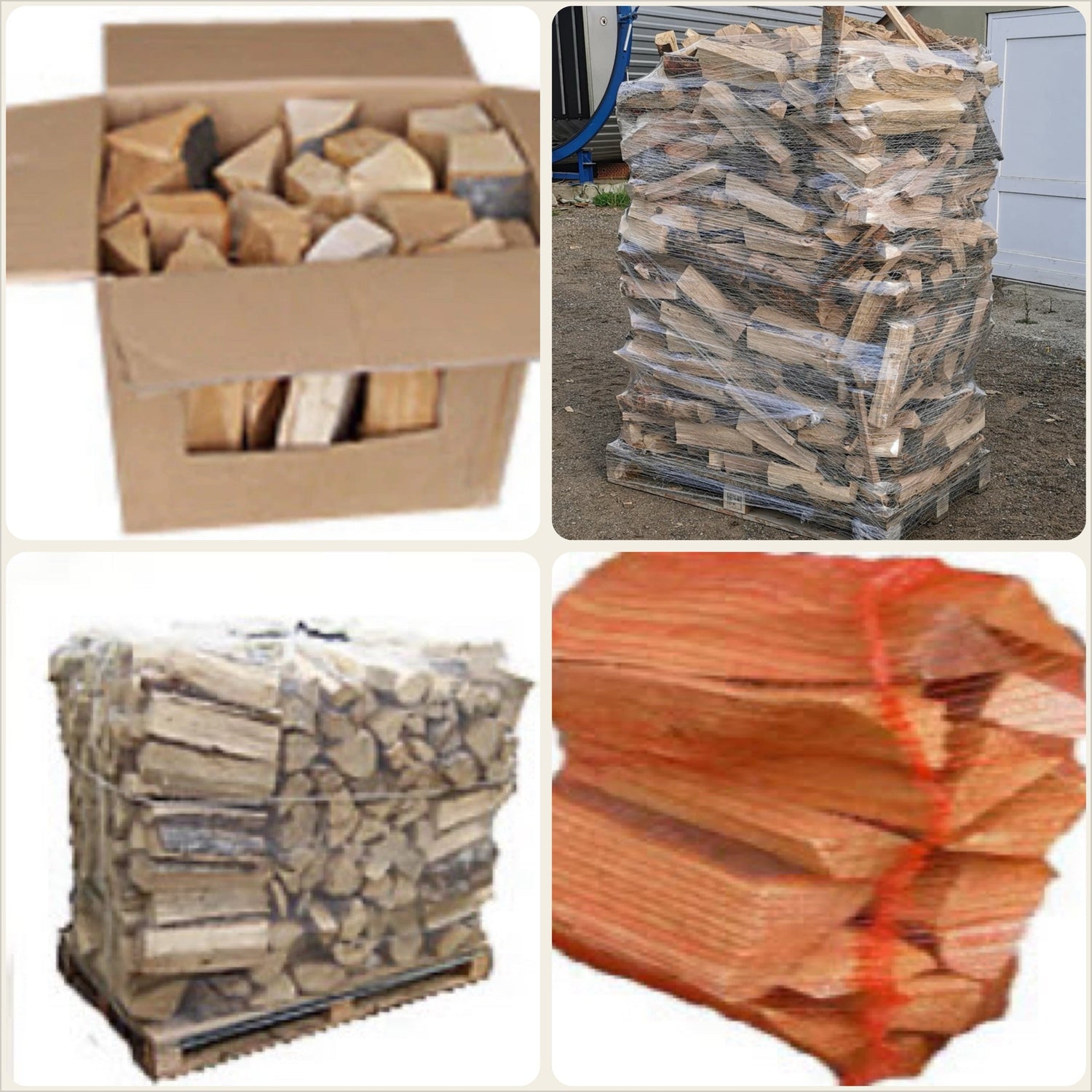 Kaminholz gepackt in verschiedenen Varianten und Holzarten