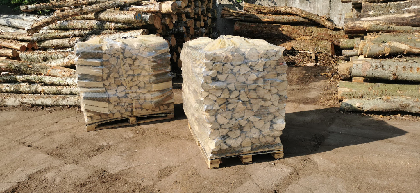 ANGEBOT Kaminholz Brennholz trocken, Raummeter auf Palette gestapelt inkl. 1 Sack Anfeuerholz ca. 10KG gratis